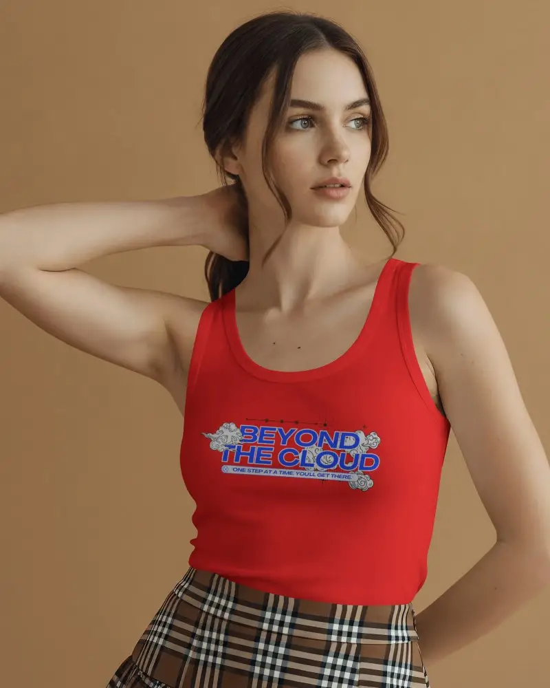 Editorial Womens Tank Top Mockup Female Model With Hand Behind Neck And Plaid Skirt Styling