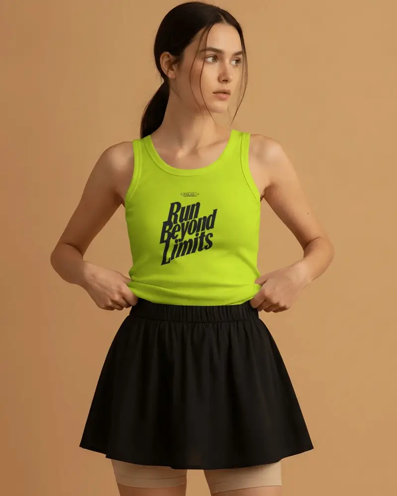 Womens Athletic Tank Top Mockup Female Model Adjusting Hem With Tennis Skirt Fashion Styling