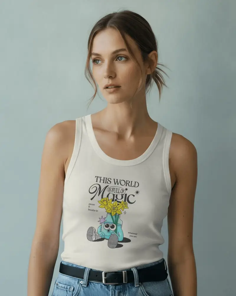 Contemporary Womens Tank Top Mockup Female Model Gazing Sideways In Soft Editorial Portrait