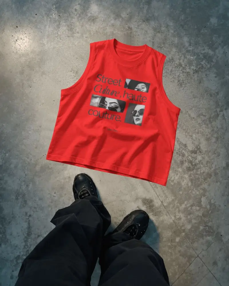 Overhead Streetwear Tank Top Mockup Flat Lay With Sneaker Perspective On Weathered Concrete Floor