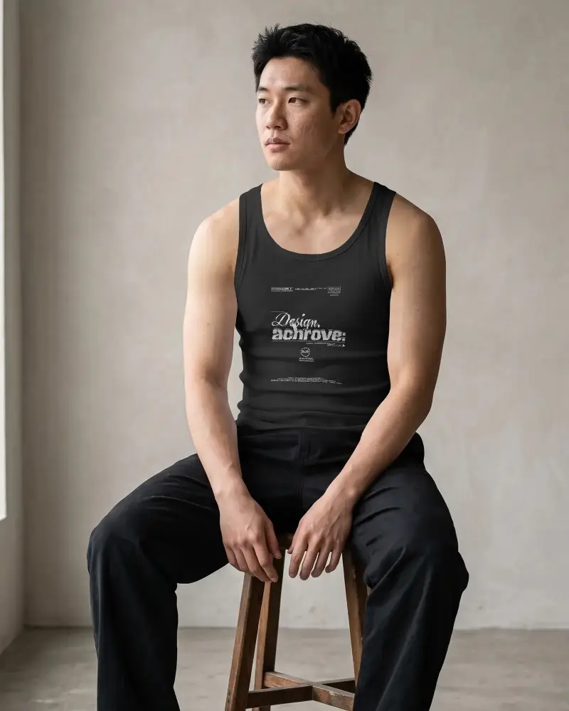 Athletic Mens Tank Top Mockup Relaxed Seated Pose Modern Minimalist Background Urban Style