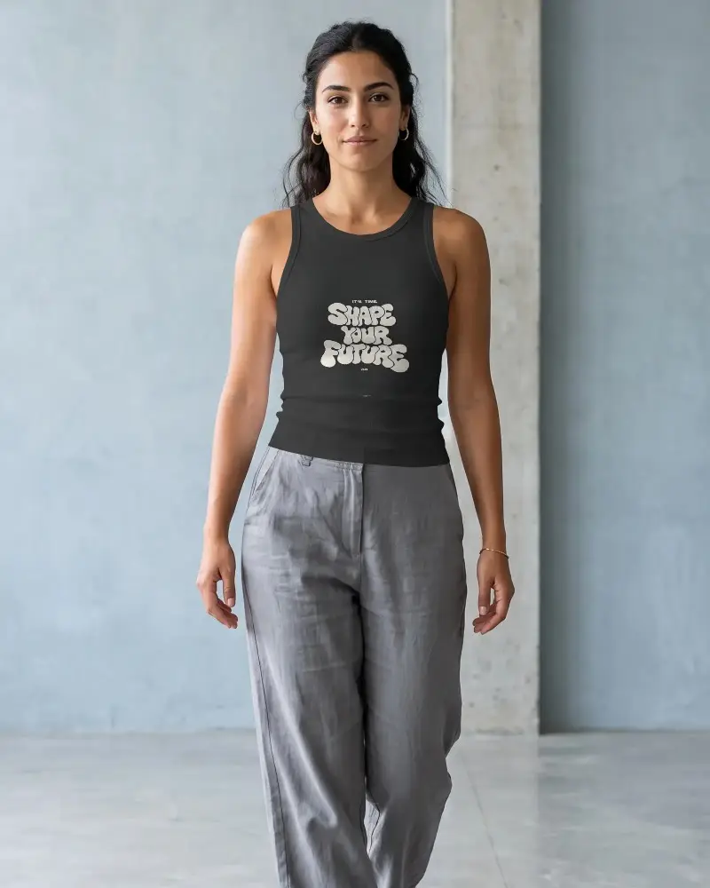 Sleeveless Ribbed Tank Top Mockup Woman Standing Casual Urban Style Outfit Model
