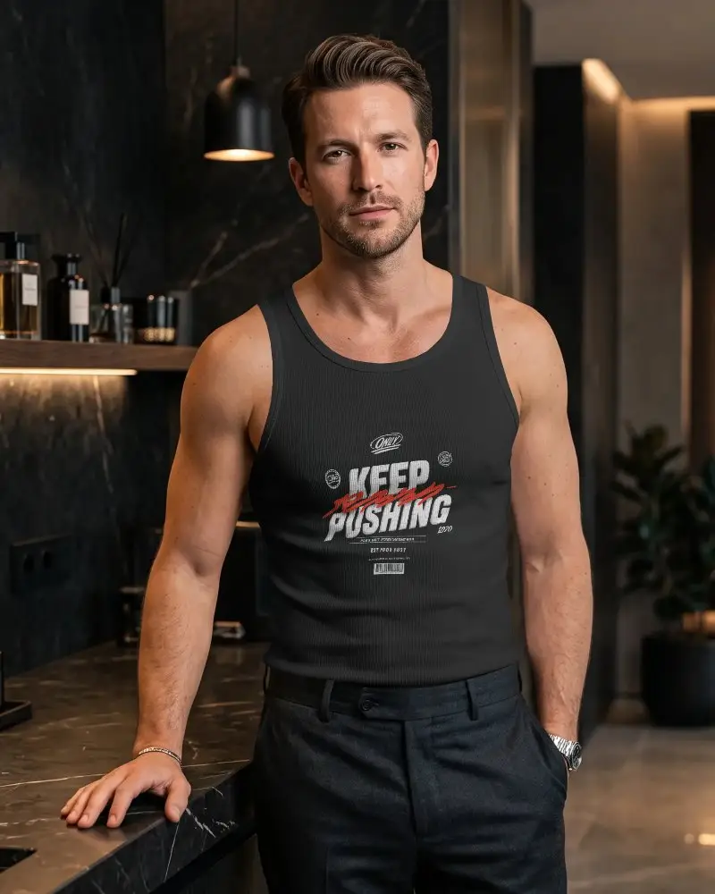 Stylish Mens Ribbed Tank Top Mockup Showcasing Muscular Fit And Texture Detail