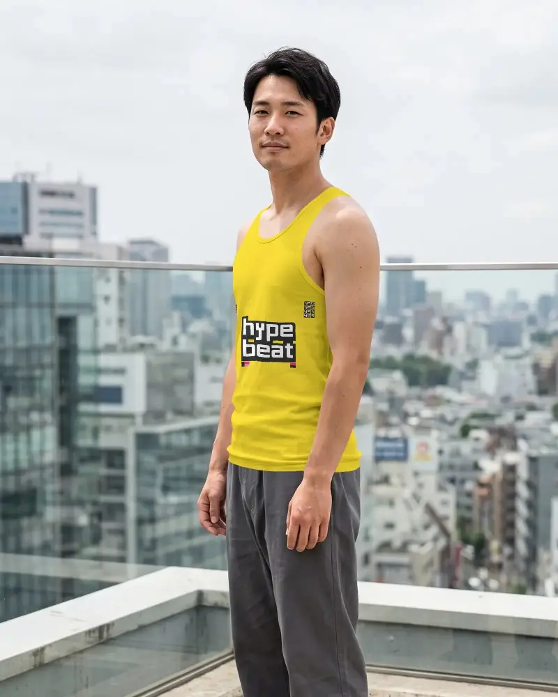 Casual Mens Tank Top Mockup For Branding Display With Urban Building Background Outdoors