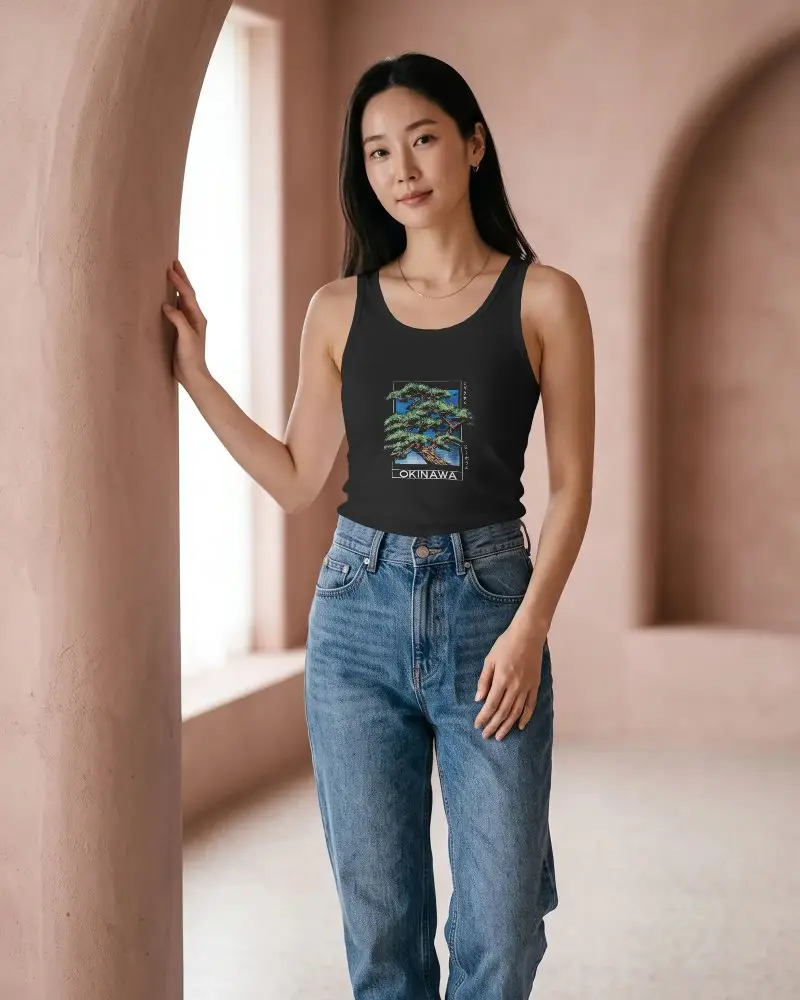 Trendy Cotton Tank Top Mockup On Woman Posing By Textured Architectural Background