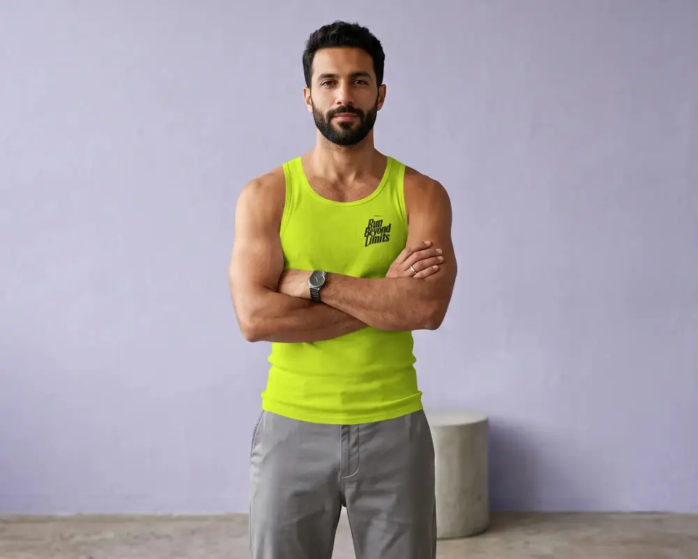 Fitted Men Tank Top Mockup Showcasing Muscular Build Perfect For Fitness And Summer Style