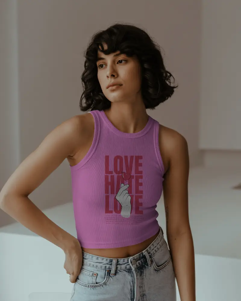 Minimalist Indoor Tank Top Mockup Female Model Looking Away In Soft Light With Modern Backdrop 069