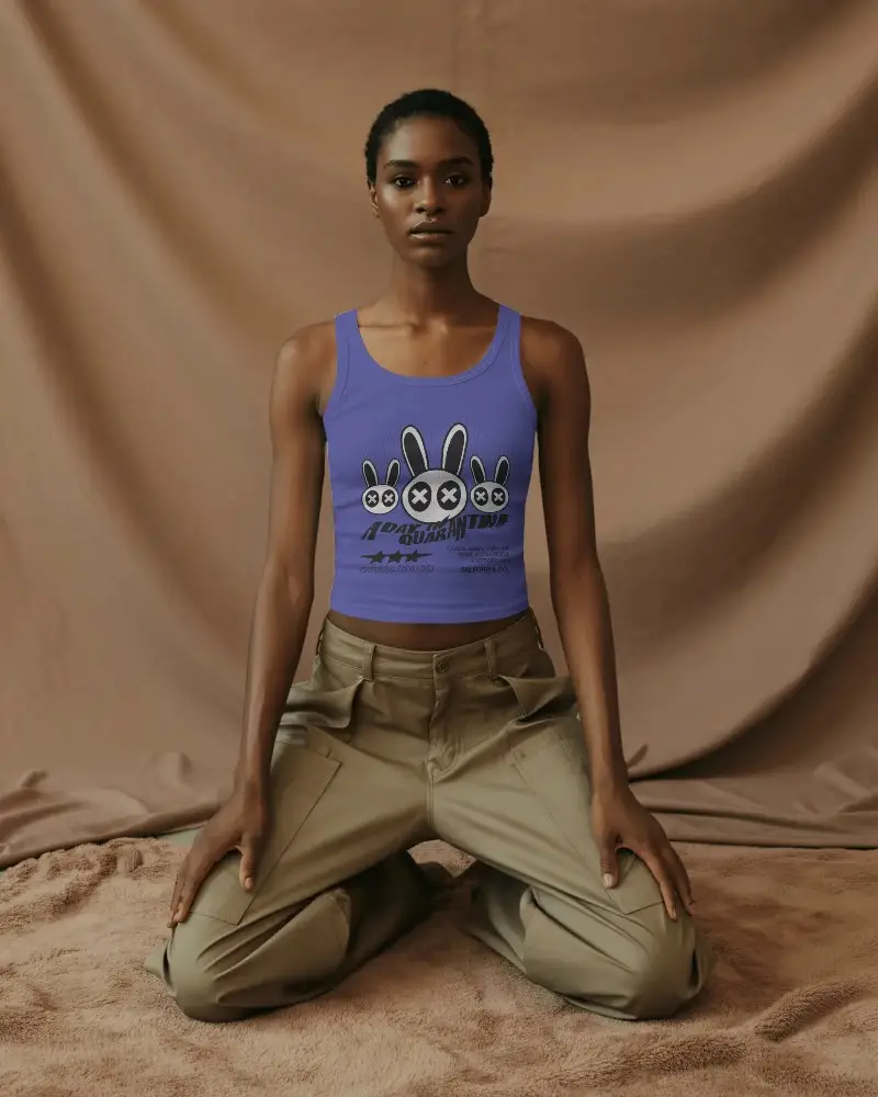 Fashion Forward Tank Top Mockup Woman Wearing Fitted Top And Cargo Pants In Earth Toned Photo Studio