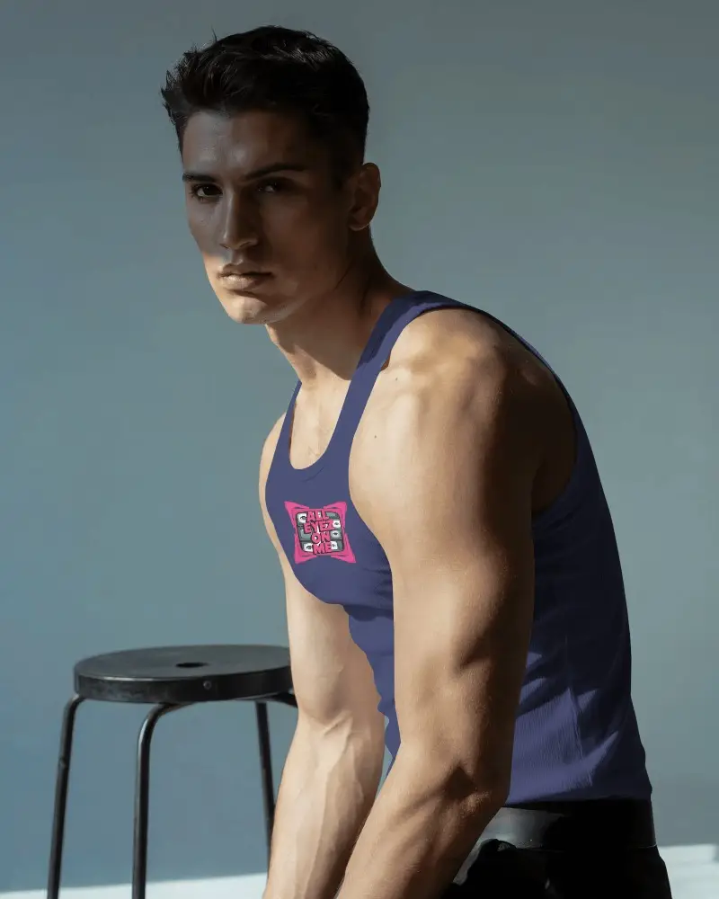 Muscled Athlete Wearing Plain Ribbed Tank Top Mockup Sweat Proof Athletic Apparel For Men