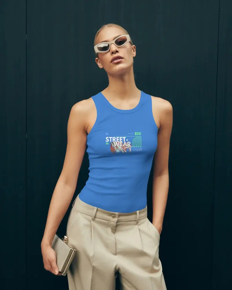 Woman Wearing Slim Fit Ribbed Tank Top Mockup For Fashion And Casual Outfits Designs