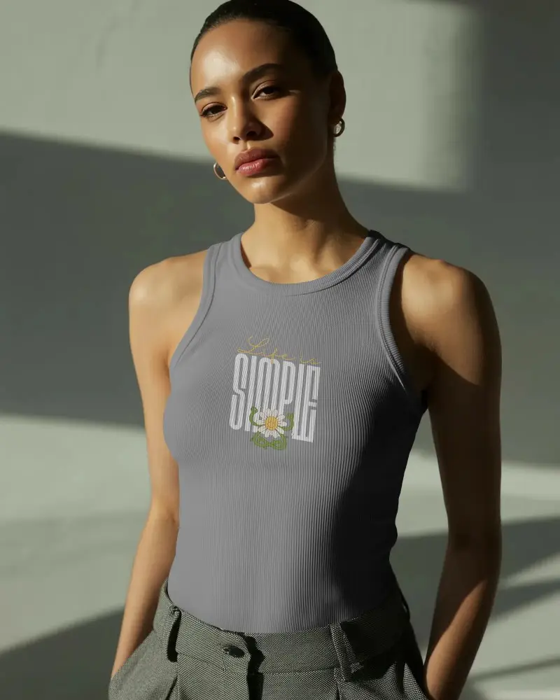Female Model Wearing Classic Fitted Tank Top Mockup In Natural Light Setting