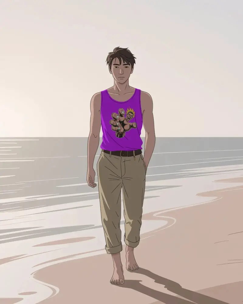 Beach Walking Male Anime Model Tank Top Summer Casual Stylish Outdoor Wear Mockup Display