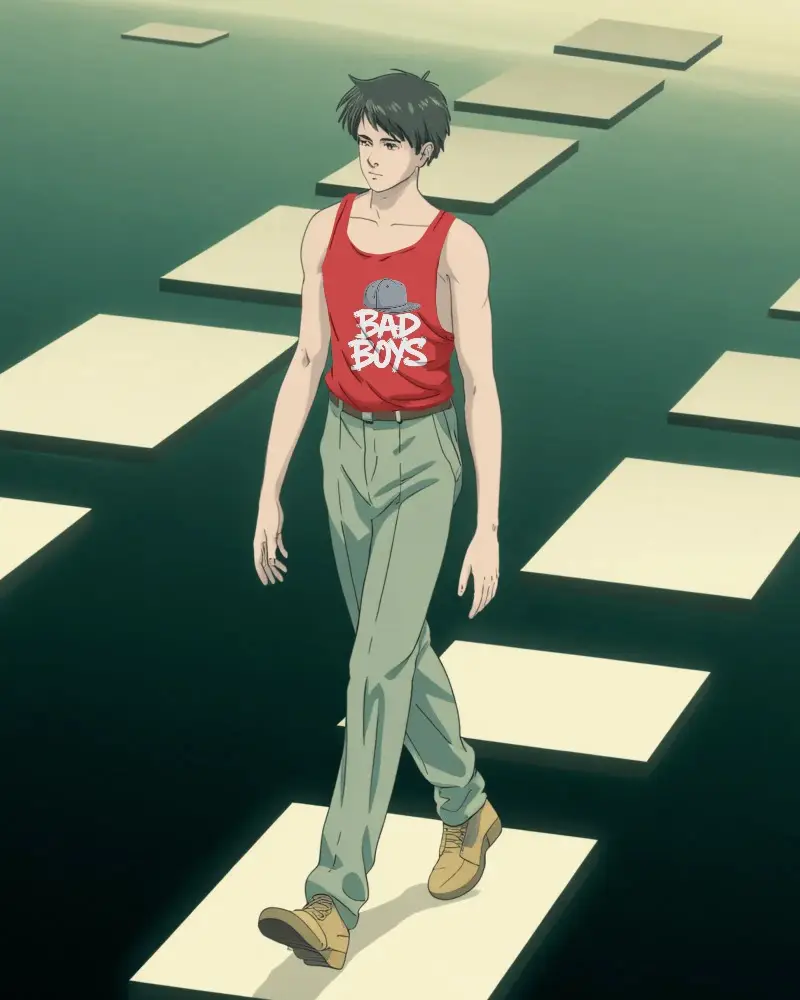 Realistic Anime Male Tank Top Mockup Walking On Floating Platforms For Fashion Design