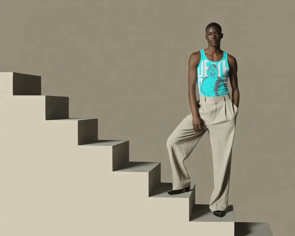 Male Tank Top Mockup Modern Fashion Man In Casual Urban Style Standing On Steps