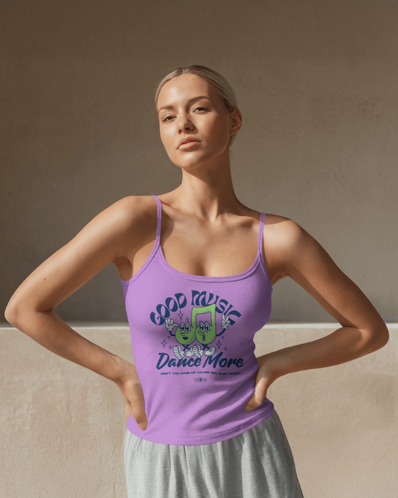 Purple Dance Music Tanktop Mockup With Vibrant Graphic And Light Gray Pants