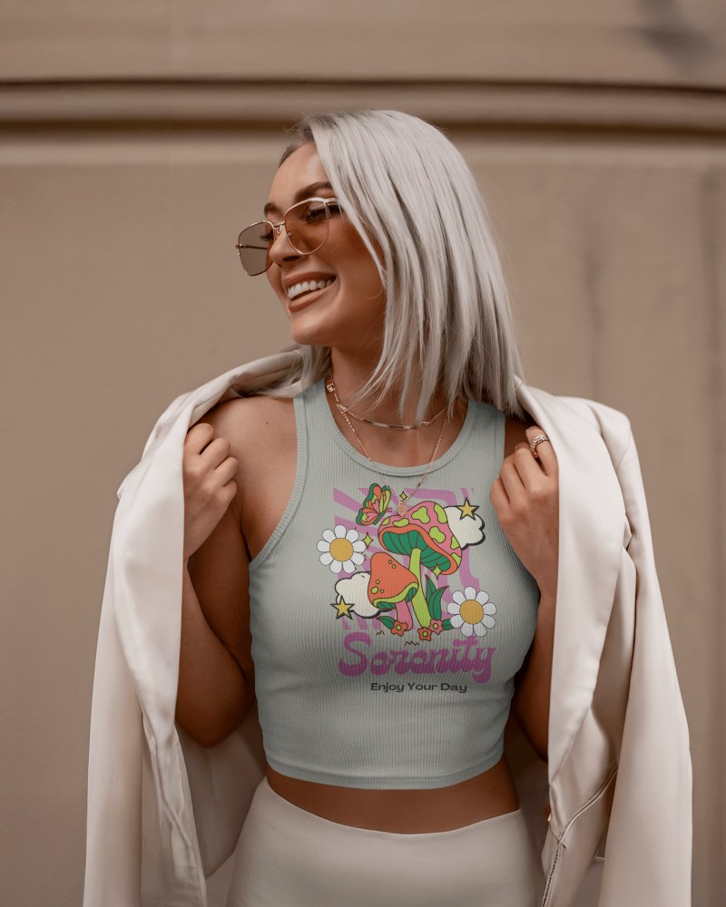 Cheerful Sunflower Tanktop Mockup On Smiling Female Model With Light Outerwear