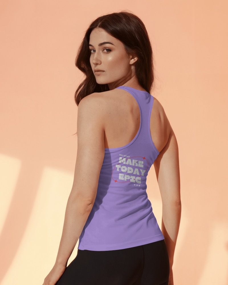 Woman In Lavender Tanktop Mockup Under Soft Peach Tones With Inspirational Slogan