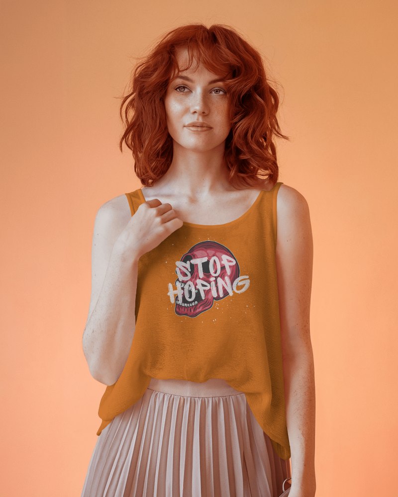 Woman With Curly Hair In Mustard Tanktop Mockup Under Peach Tones With An Inspiring Quote