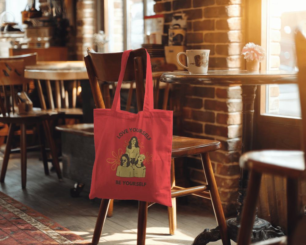 Sunlit Cozy Café Tote Bag Mockup White Cotton Bag Hanging On Wooden Chair With Exposed Brick Wall And Warm Morning Lighting 0139