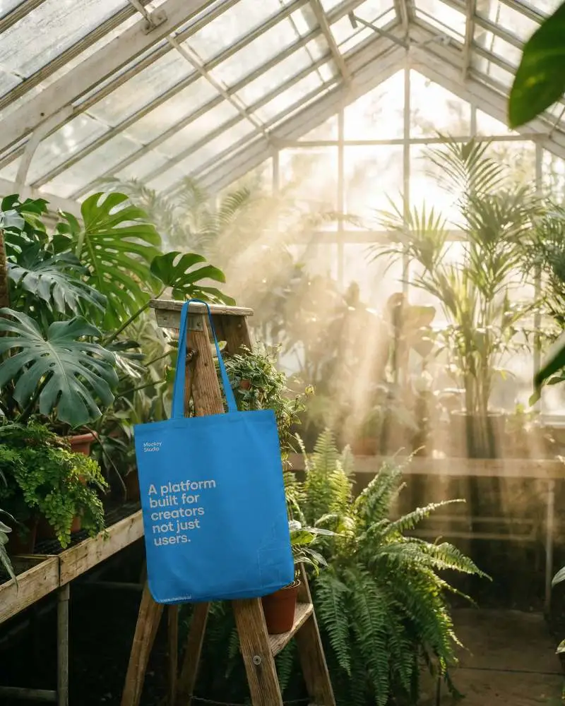Eco Friendly Tote Bag Mockup With Natural Lighting And Lush Green Plants Background
