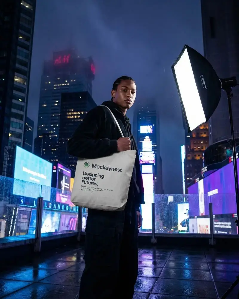 Urban Nightlife Fashion Tote Bag Mockup Stylish Accessory For Everyday Carry And Shopping