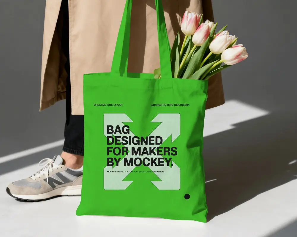 Handheld Tote Bag Mockup Casual Walking Scene With Natural Light And Shadow Play