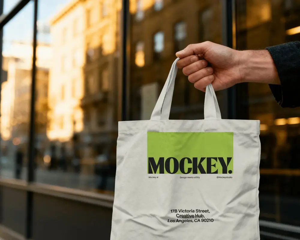 Handheld Tote Bag Mockup Urban Street Scene With Glass Reflection And Warm Evening Light