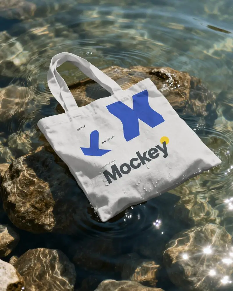 Tote Bag Mockup On Rocks In Clear Water With Sunlight Reflection And Ripples