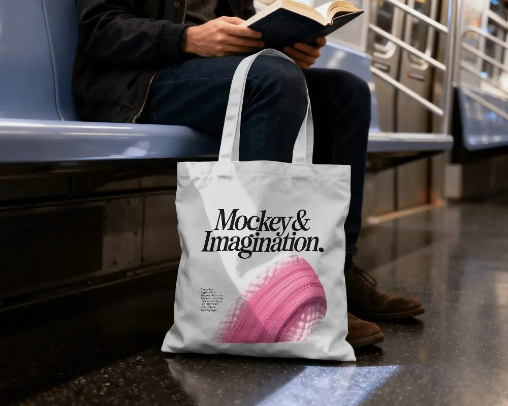 Tote Bag Mockup On Subway Seat With Reading Scene And Urban Commute Environment