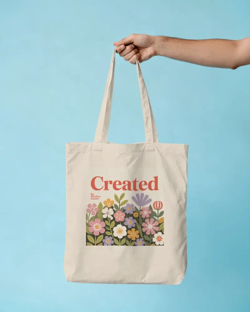 Handheld Tote Bag Mockup Minimal Blue Background With Clean Studio Lighting
