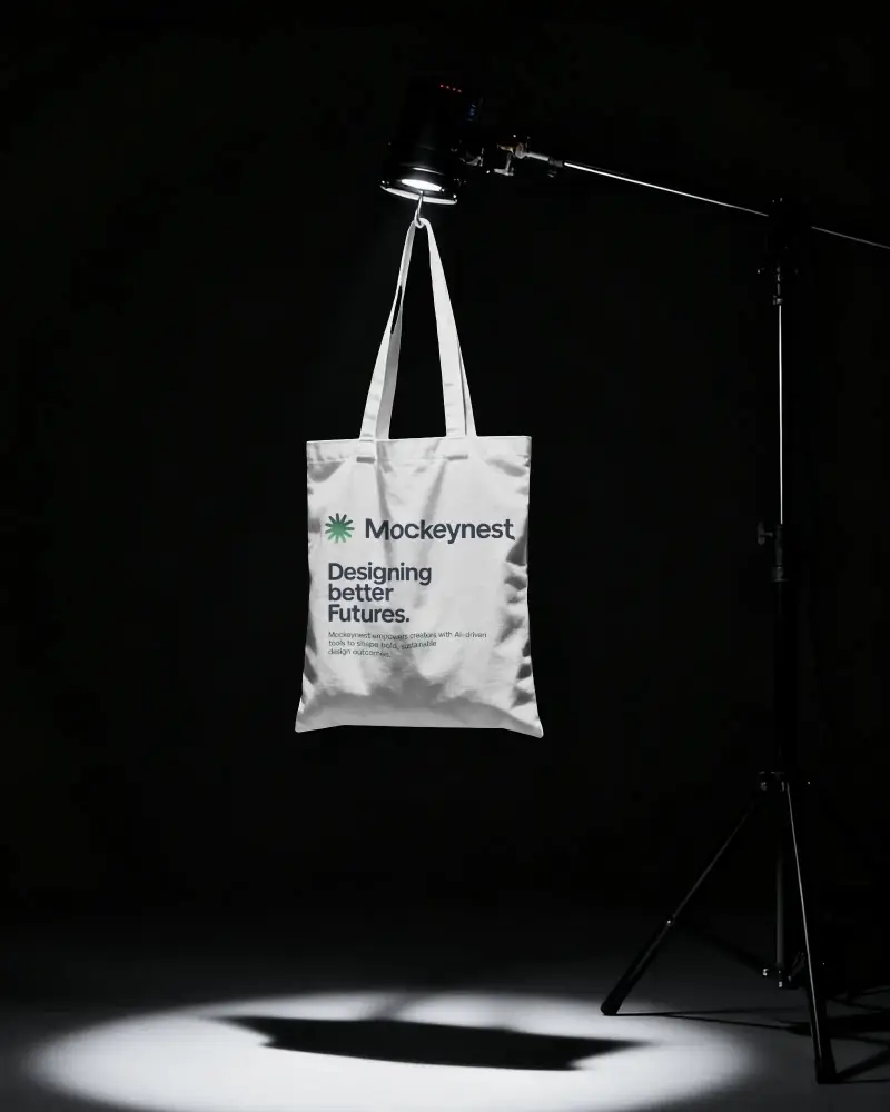 Minimalistic Hanging Tote Bag Mockup With Spotlight On Industrial Stand For Design Presentations