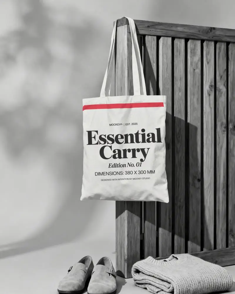 Minimalist Canvas Tote Bag Hanging Mockup On Wooden Fence With Casual Shoes And Knitwear Set