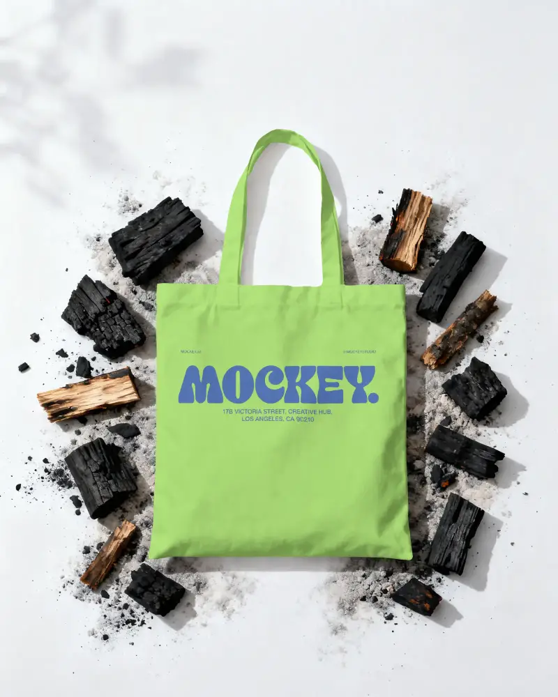 Reusable Canvas Tote Bag Mockup With Burning Wood Pieces Creative Flatlay For Branding