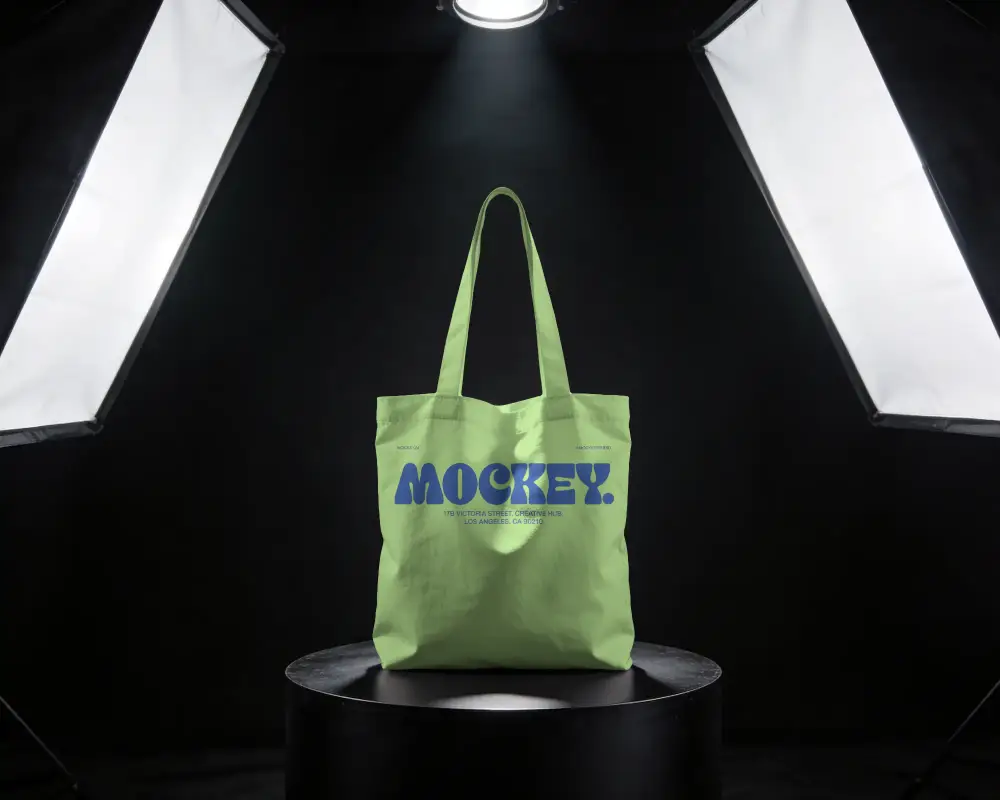 Plain Cotton Tote Bag Mockup On Black Background Studio Lighting For Design Presentation