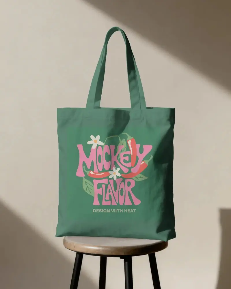 Reusable Grocery Tote Bag Mockup With Long Handles On Minimalist Chair Setup