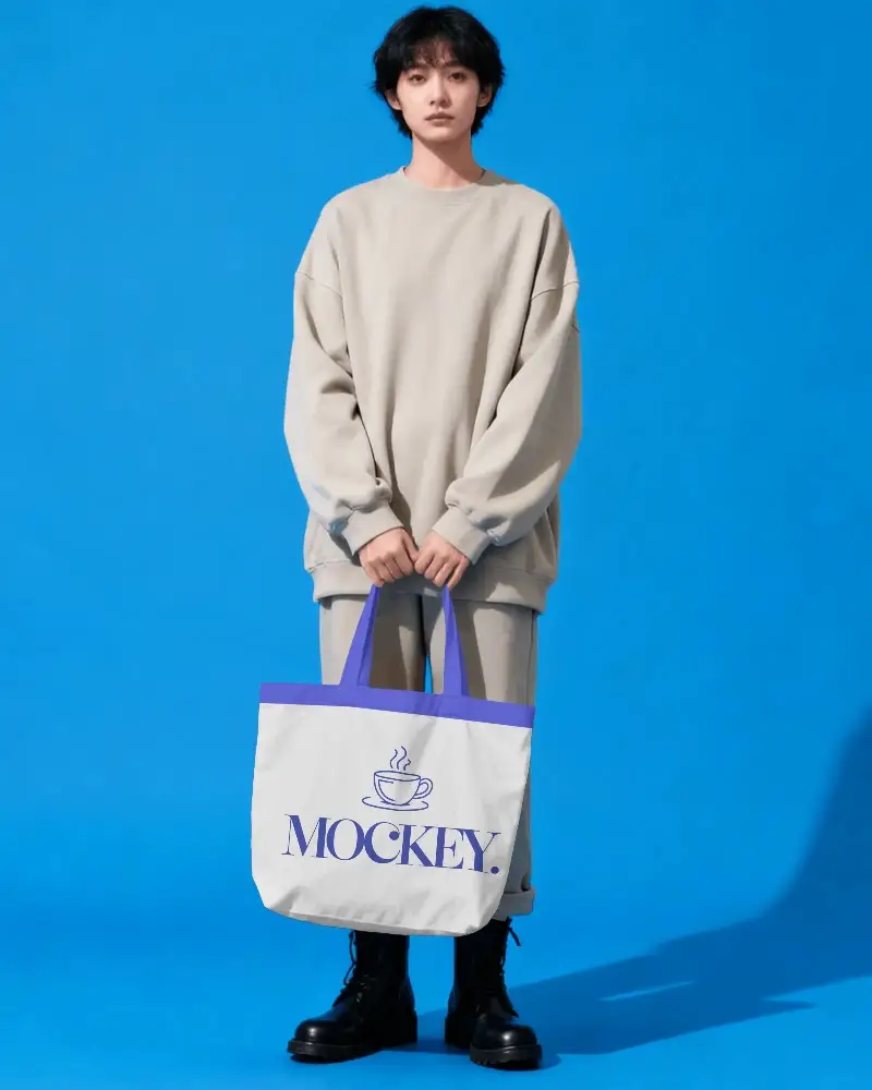 Minimalist Casual Fashion Model Holding Large Blank Tote Bag On Solid Color Background