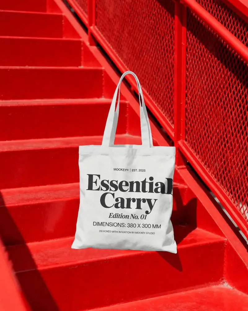 Eco Friendly Cotton Tote Bag Mockup On Urban Stairs For Custom Design Presentation