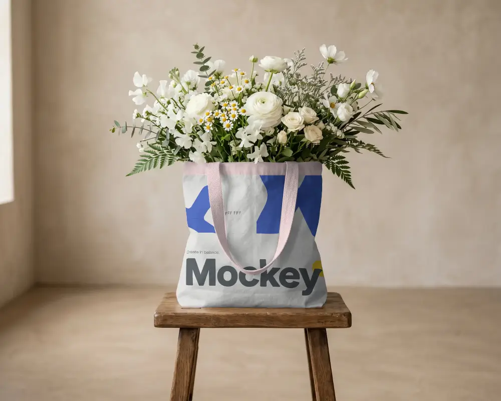 Natural Fabric Tote Bag Mockup With Wildflower Bouquet Inside On Minimalist Backdrop