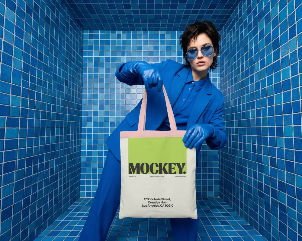 Fashionable Urban Tote Bag Mockup With Minimalist Square Tile Background For Branding
