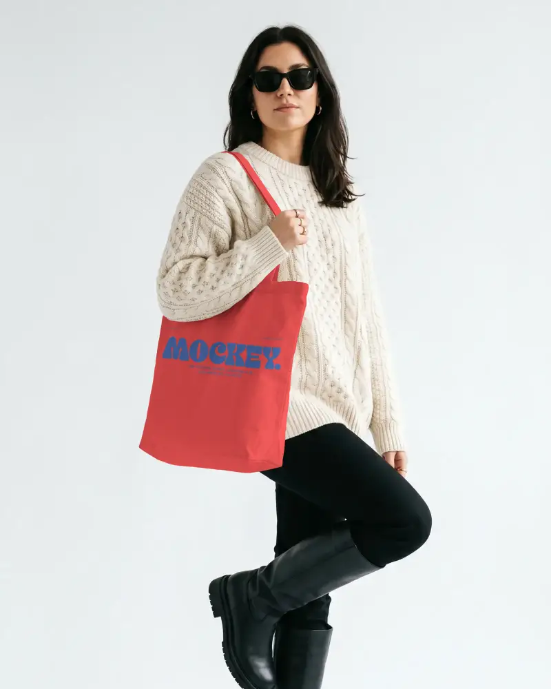 Stylish Woman Carrying Minimalist Tote Bag Mockup For Branding And Fashion Design Presentation