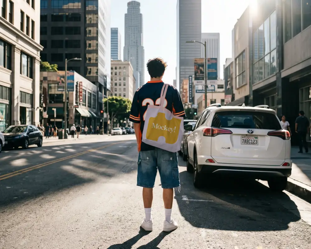 Trendy Urban Tote Bag Mockup With Casual Young Man Standing On Busy City Street