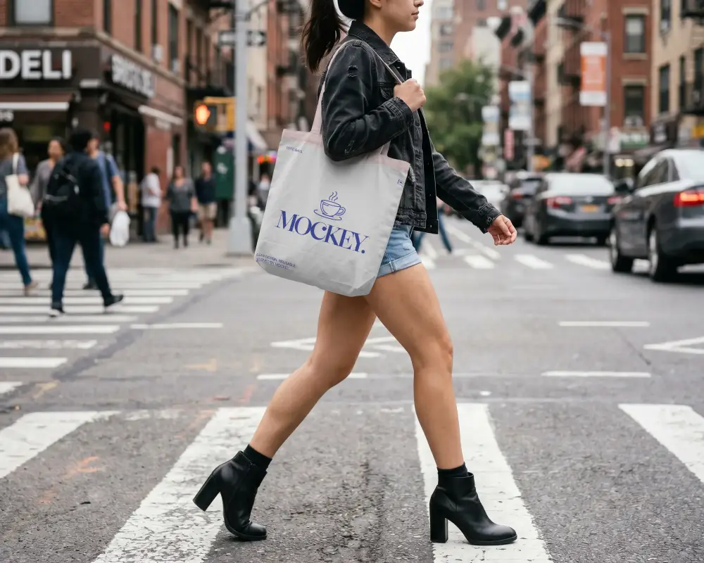 Urban Street Style Tote Bag Mockup Woman Casual Fashion Accessory Walking Crosswalk