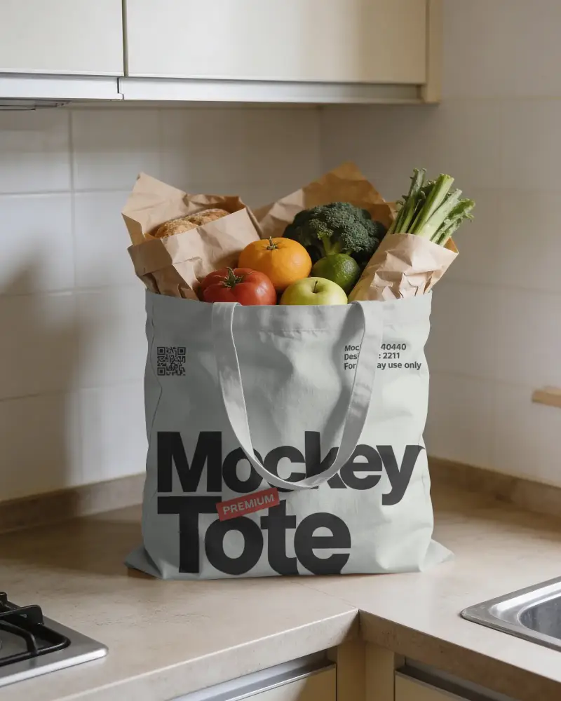 Eco Friendly Grocery Tote Bag Mockup Held On Kitchen Counter With Fresh Produce Inside