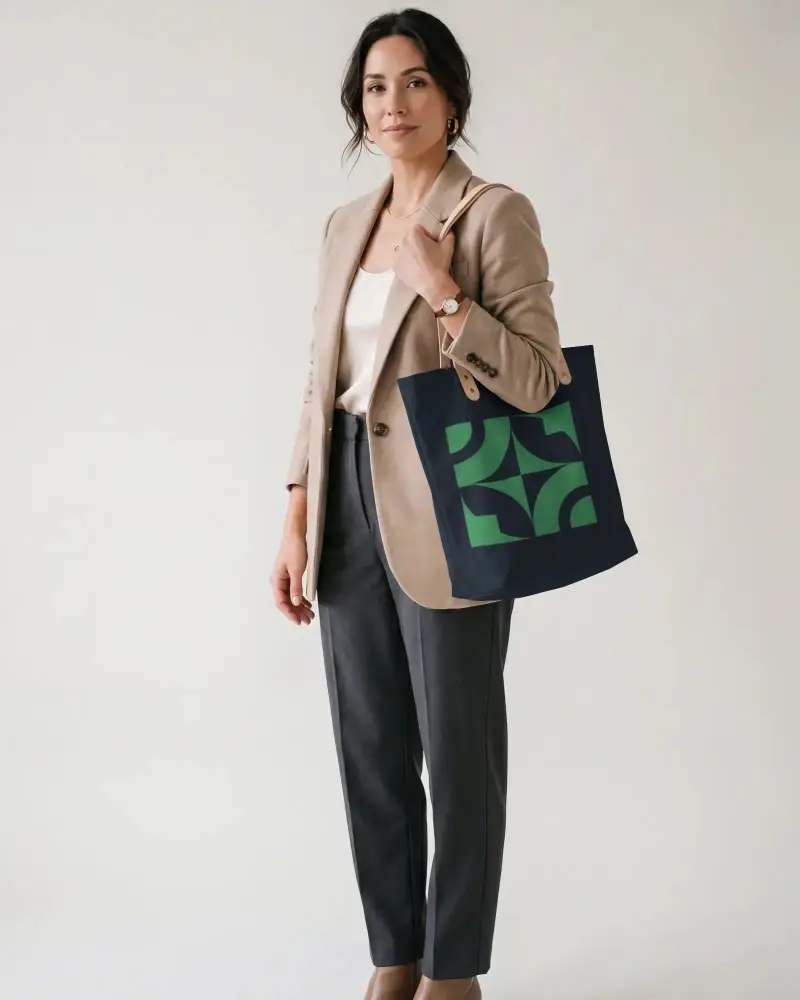 Stylish Elegant Tote Bag Mockup With Woman In Professional Attire Standing In Studio