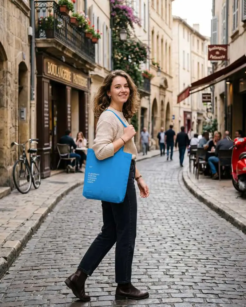 Stylish Woman Walking City Street Carrying Minimalist Canvas Tote Bag Mockup Design