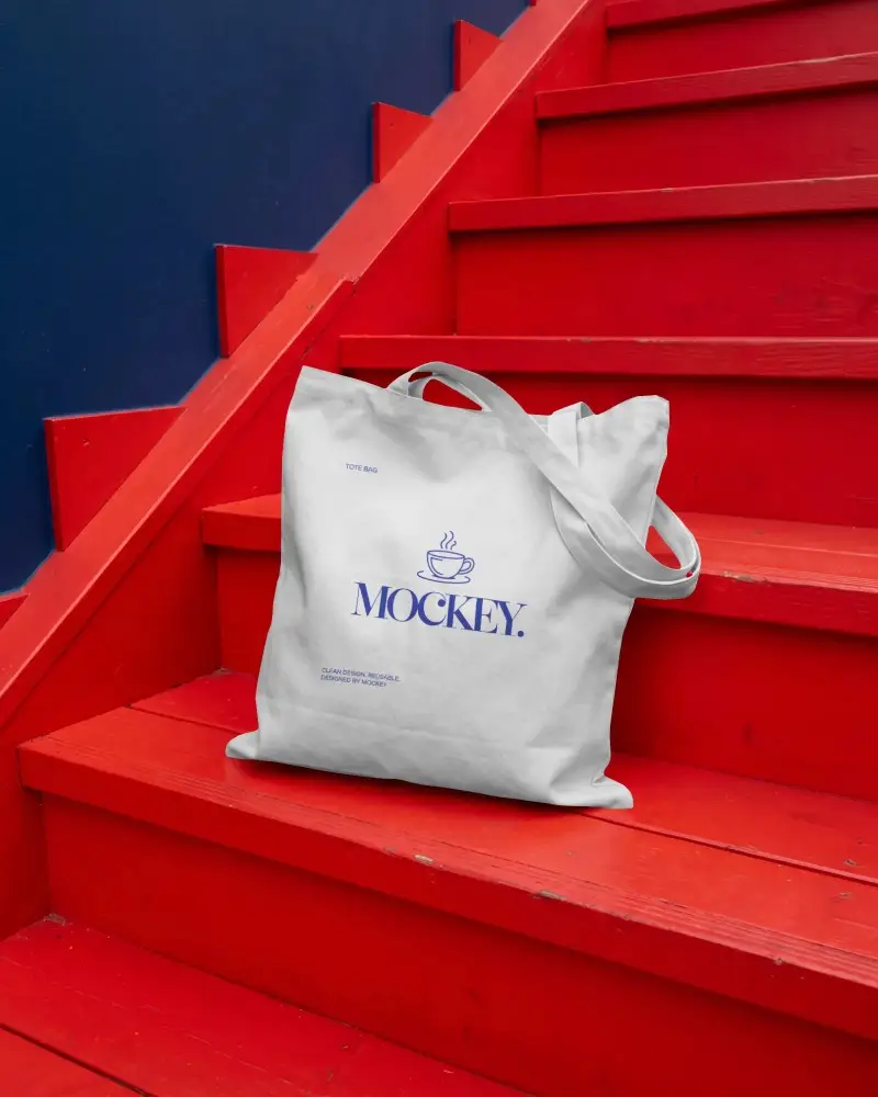 Stylish Canvas Tote Bag Mockup On Wooden Stairs For Modern Branding Presentation