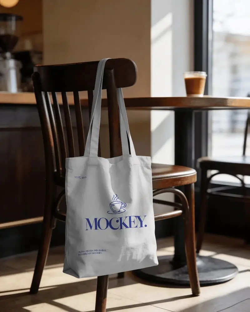 Stylish Minimalist Canvas Tote Bag Hanging On Wooden Chair In Modern Cafe Interior Room