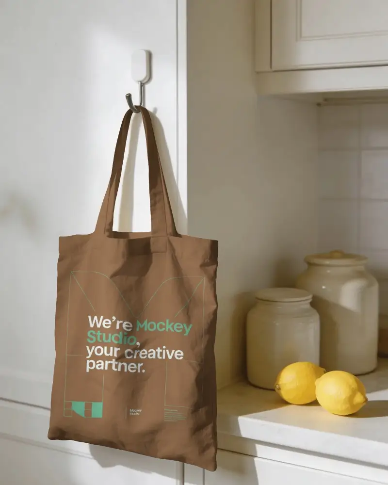 Eco Friendly Tote Bag Mockup Hanging On Hook Minimalist Home Decor Display