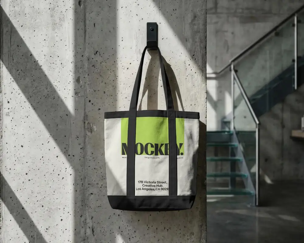 Durable Canvas Tote Bag Mockup Hanging On Modern Industrial Style Concrete Wall Background