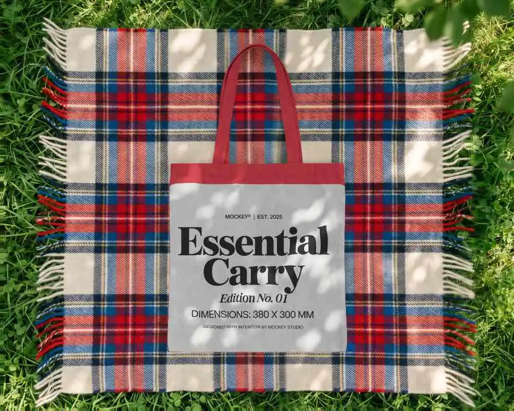 Eco Friendly Cotton Tote Bag Mockup On Plaid Blanket Outdoor Picnic Themed Presentation